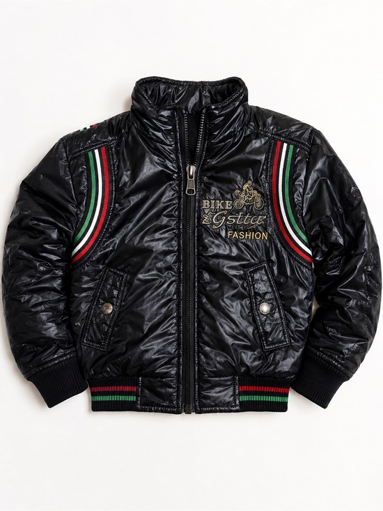 Other - Y2K Moto Puffer Jacket | Kids Racing Stripe Embroidered Black Nylon Coat 3T-4T